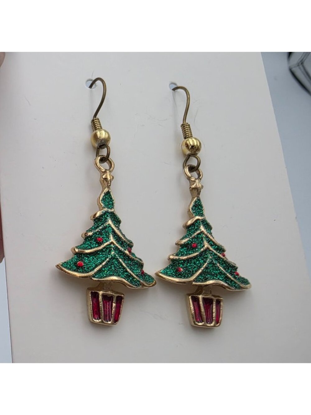 Vintage Christmas Tree Earrings Green Red Enamel Dangle Holiday 1.5"